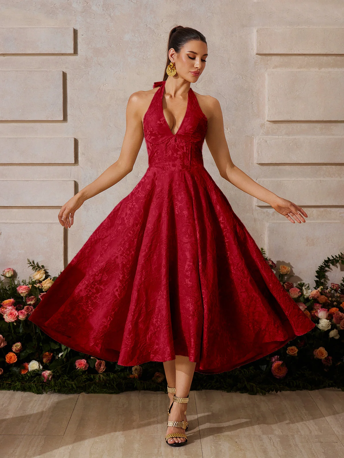 Wine Floral Lace-Up Midi Dress - Elegant & Versatile Style