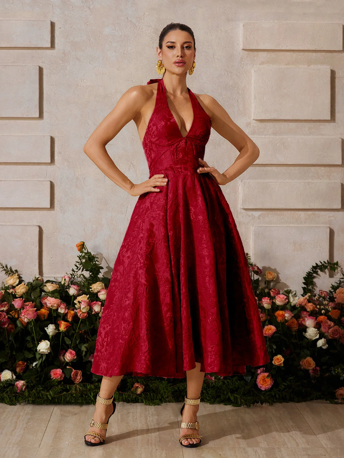 Wine Floral Lace-Up Midi Dress - Elegant & Versatile Style