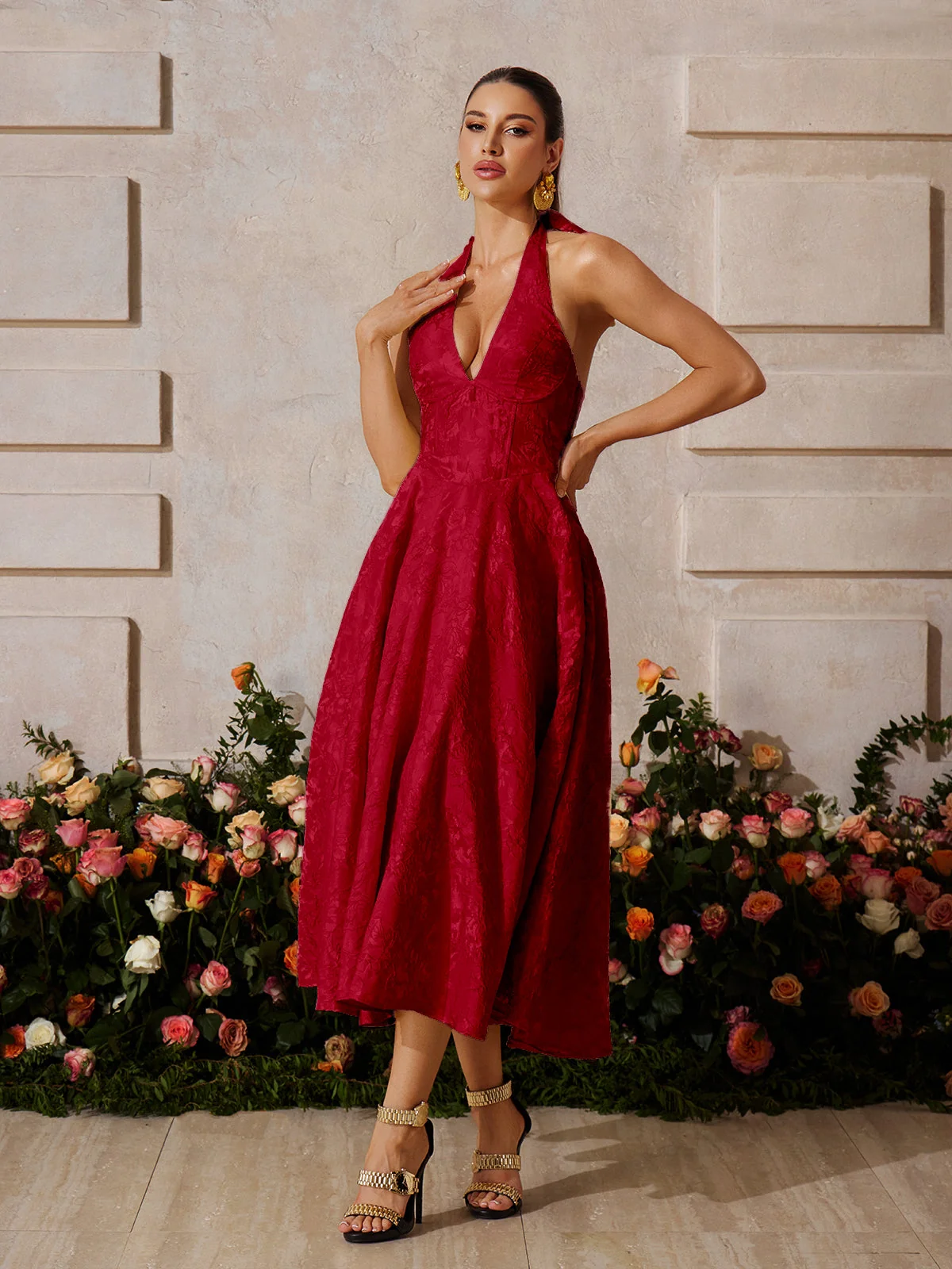 Wine Floral Lace-Up Midi Dress - Elegant & Versatile Style