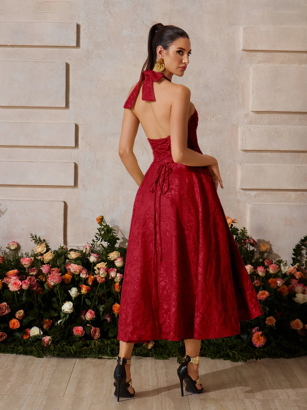 Wine Floral Lace-Up Midi Dress - Elegant & Versatile Style