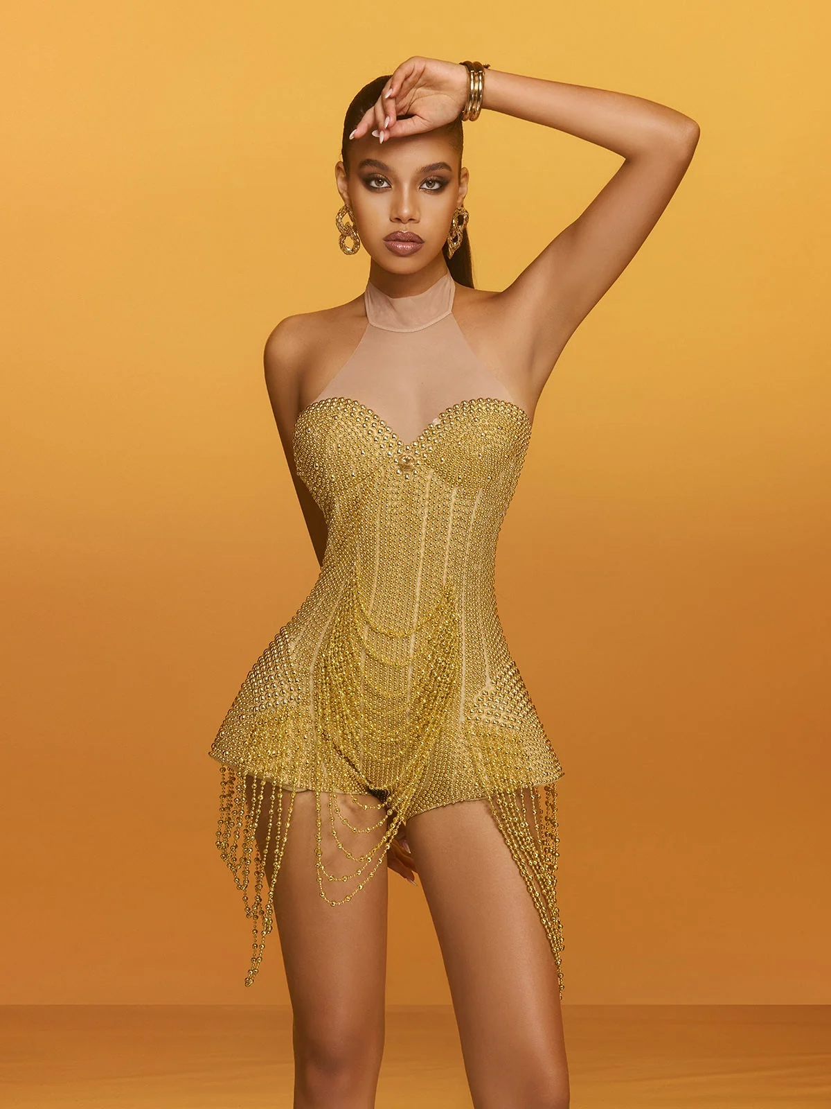 Gold Halterneck Pearl Romper - Elegant Jumpsuit