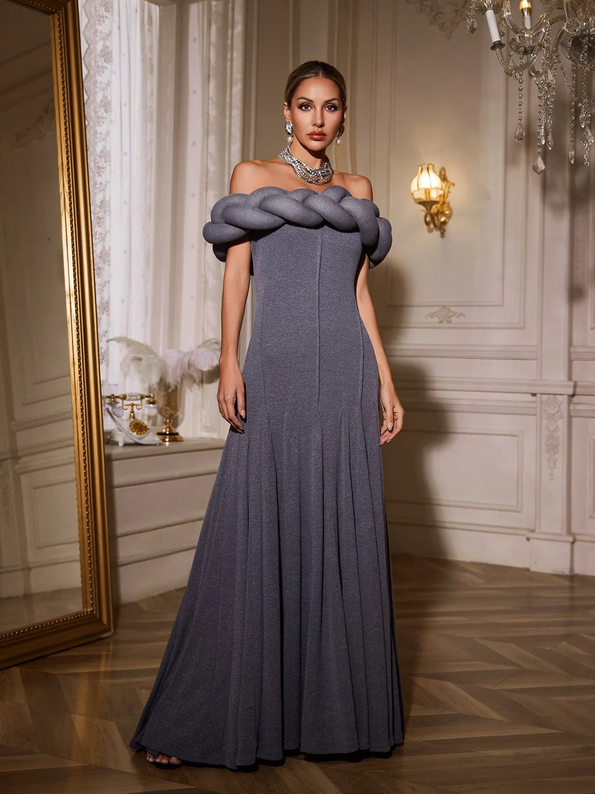 Elegant Off-Shoulder Twisted Maxi Dress - Polyester Blend