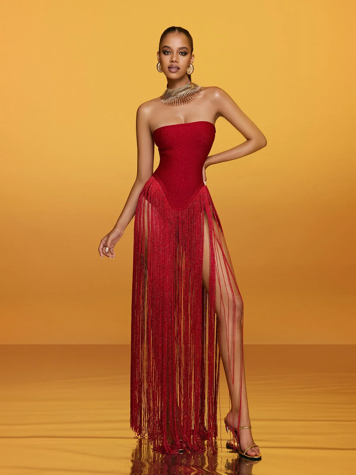 Red Fringe Bandage Maxi Dress - Elegant Strapless Design