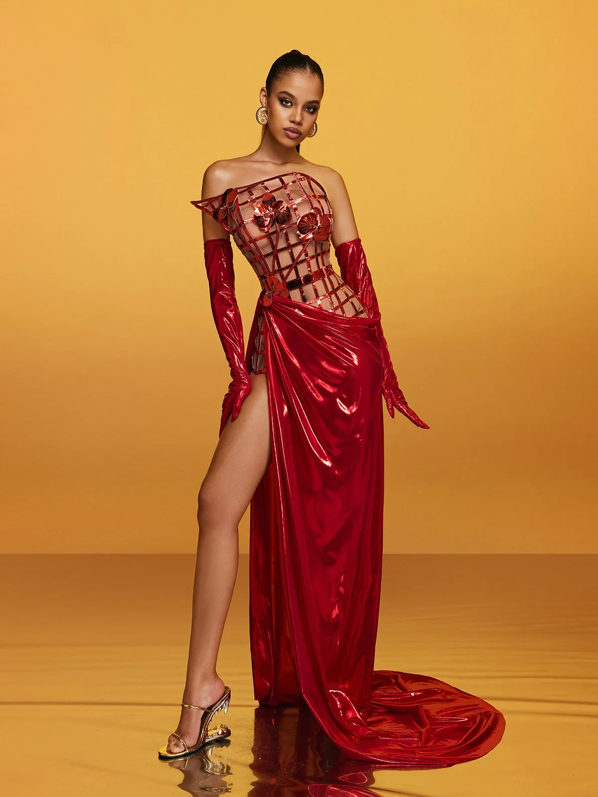 Red Metallic Flower Strapless Maxi Dress for Glamorous Events