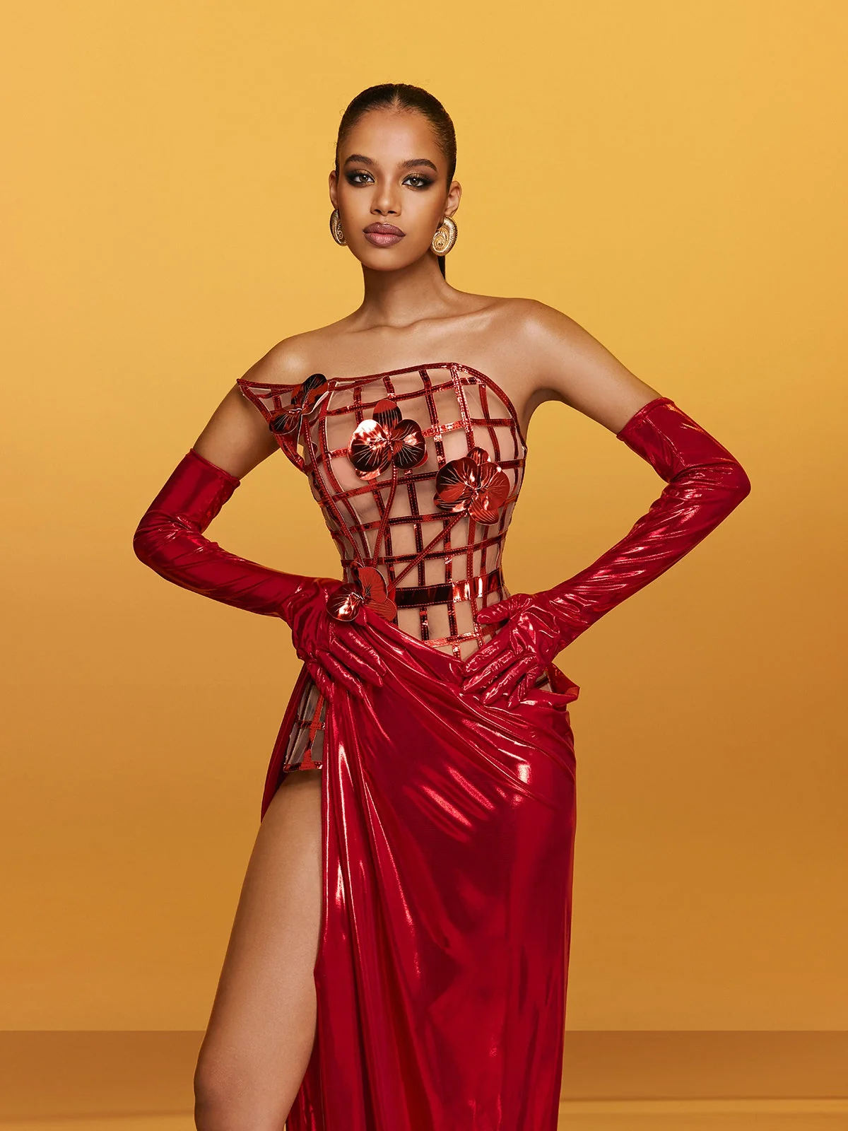 Red Metallic Flower Strapless Maxi Dress for Glamorous Events