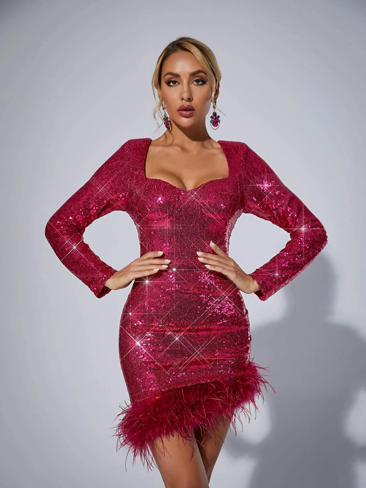 Hot Pink Sequin Feather Wrap Mini Dress