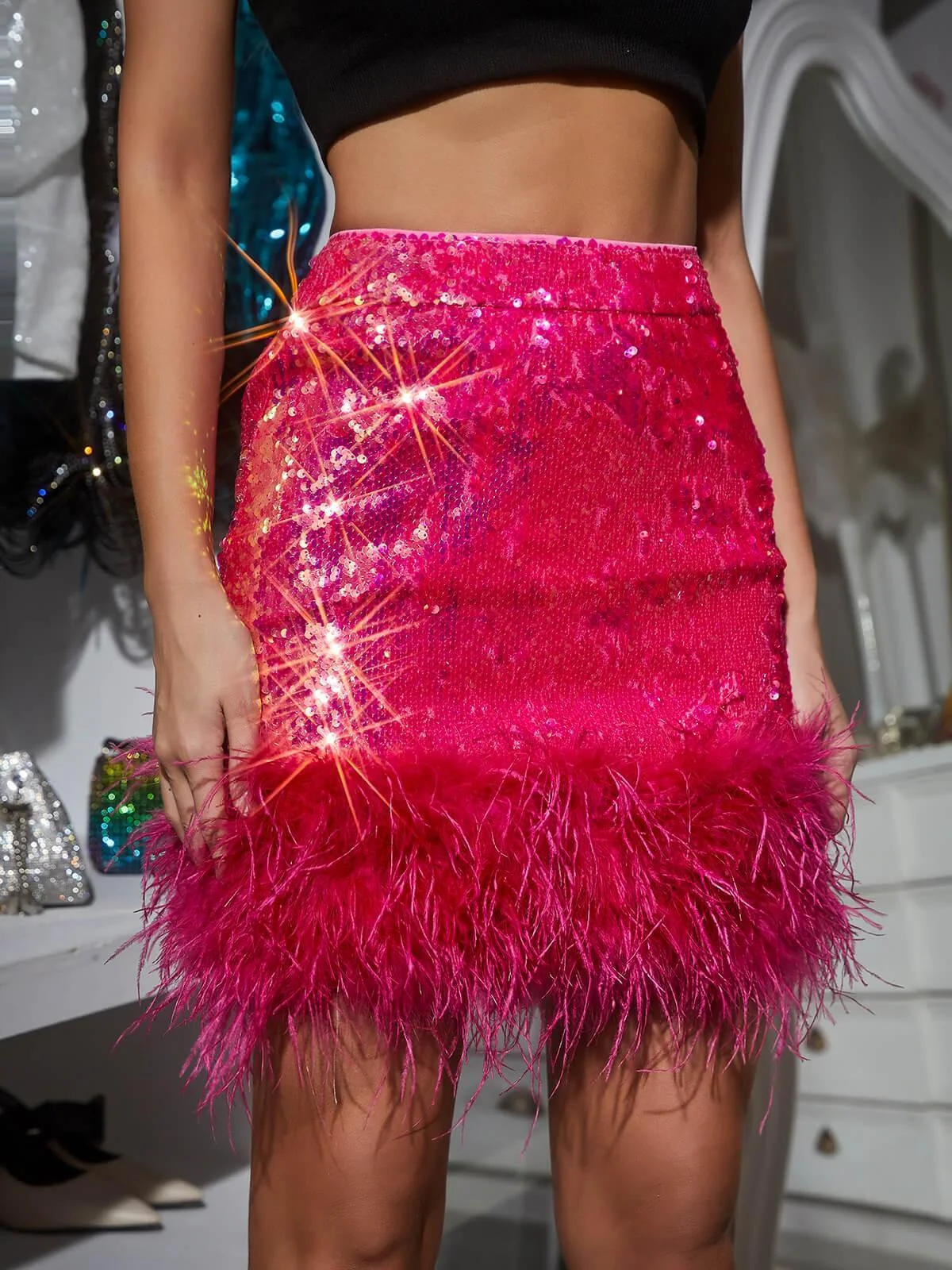 Hot Pink Sequin Feather Mini Skirt - Stylish & Flirty