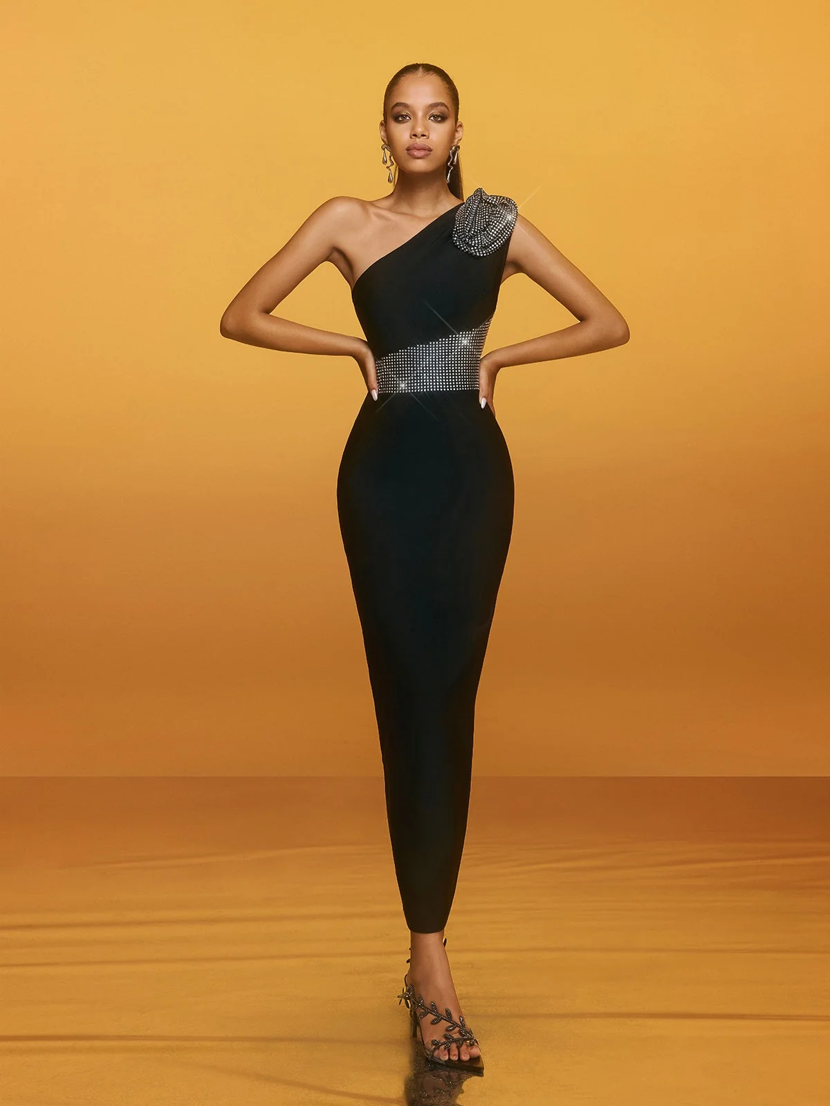 One Shoulder Rhinestone Maxi Dress - Elegant Glamorous Evening Gown