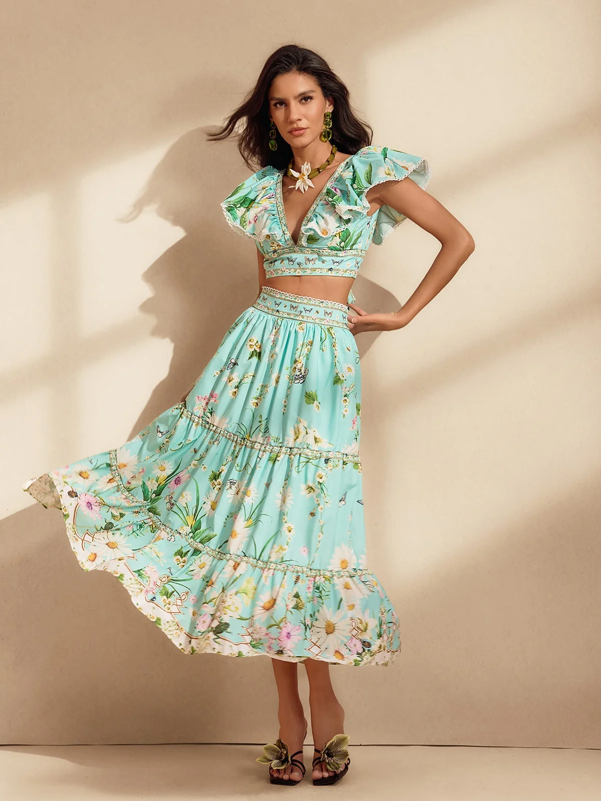 Floral V Neck Skirt Set for Women