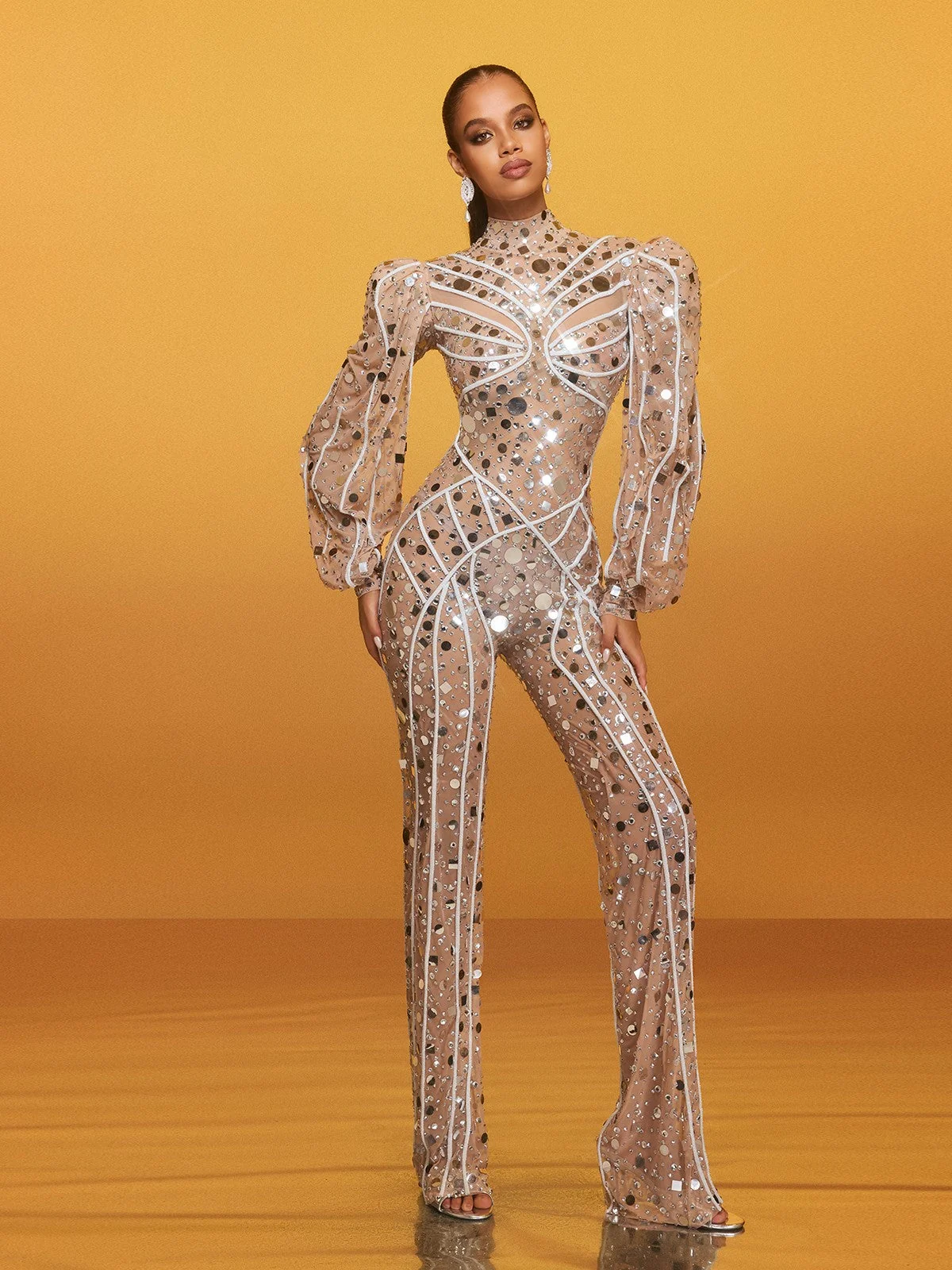 Nude Embellished Long Sleeve Jumpsuit with Invisible Zipper