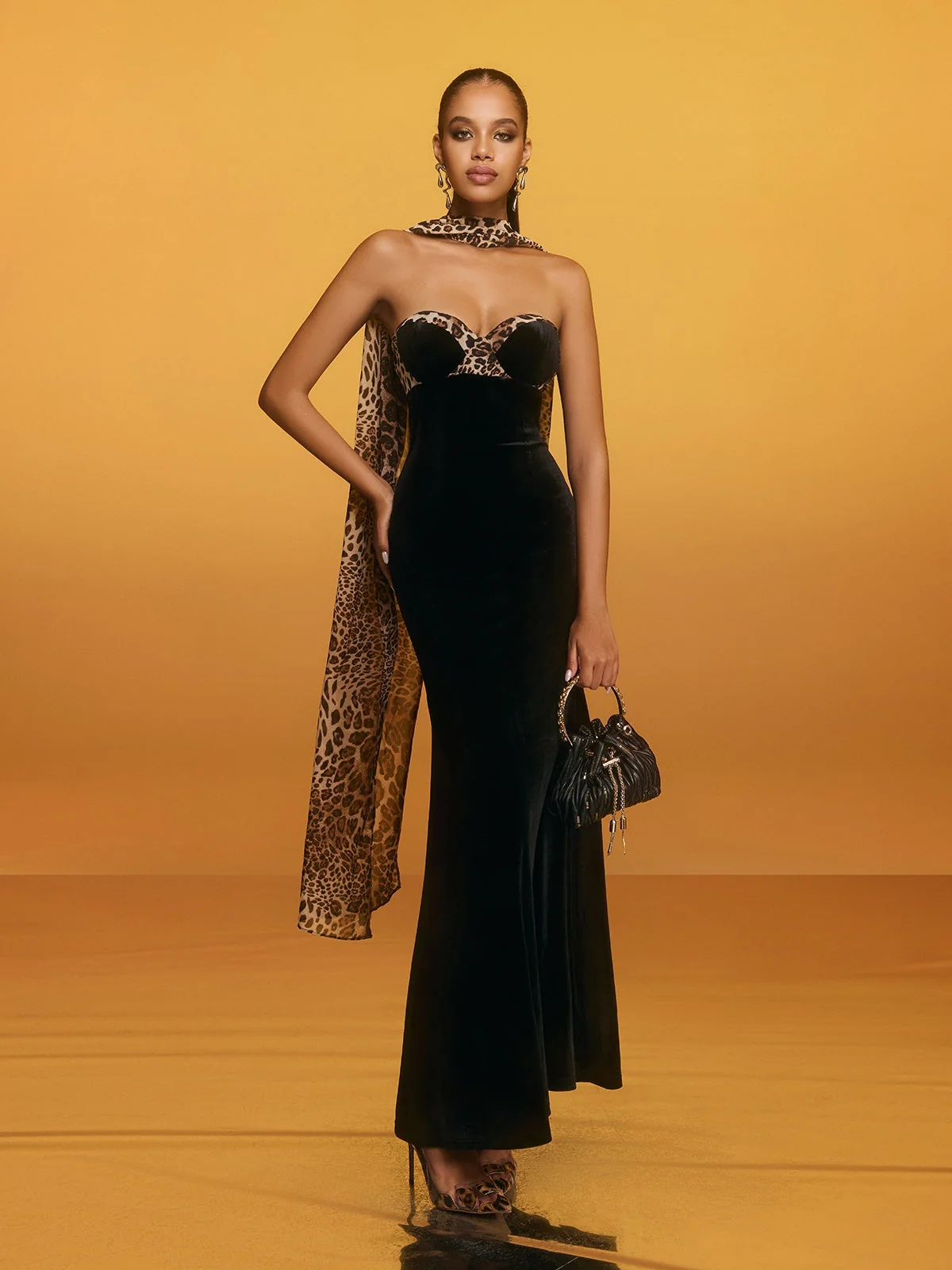 Leopard Velvet Strapless Maxi Dress in Black - Elegant Evening Wear