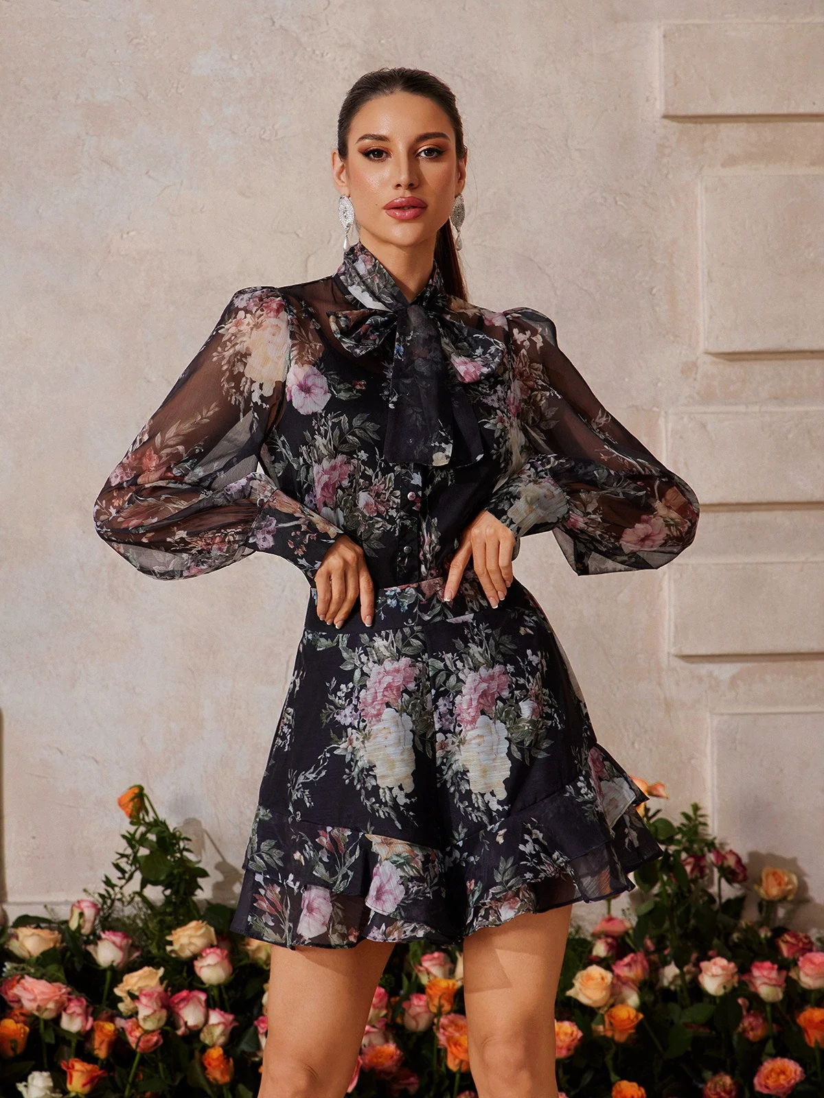 Floral Print Long Sleeve Skirt Set
