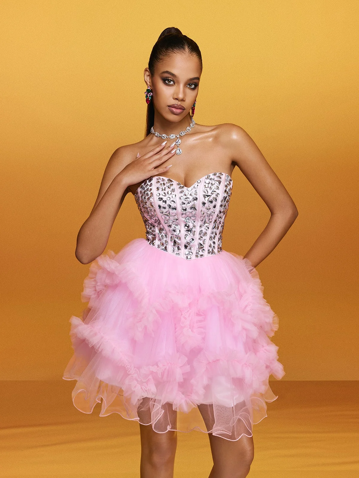 Pink Strapless Crystal Mini Dress - Glamorous Party Attire
