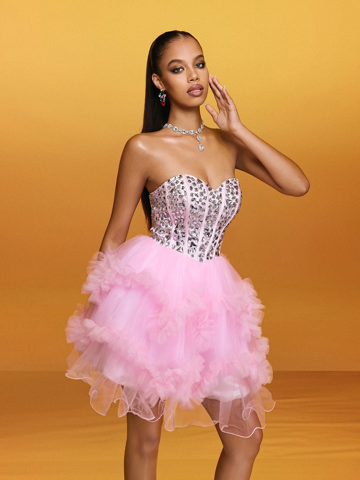Pink Strapless Crystal Mini Dress - Glamorous Party Attire