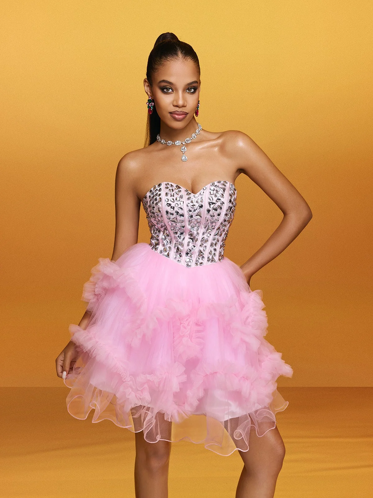 Pink Strapless Crystal Mini Dress - Glamorous Party Attire