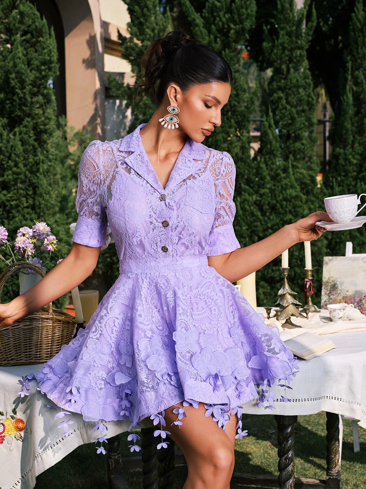 Lilac Floral Fringe Skirt Dress Set for Feminine Charm
