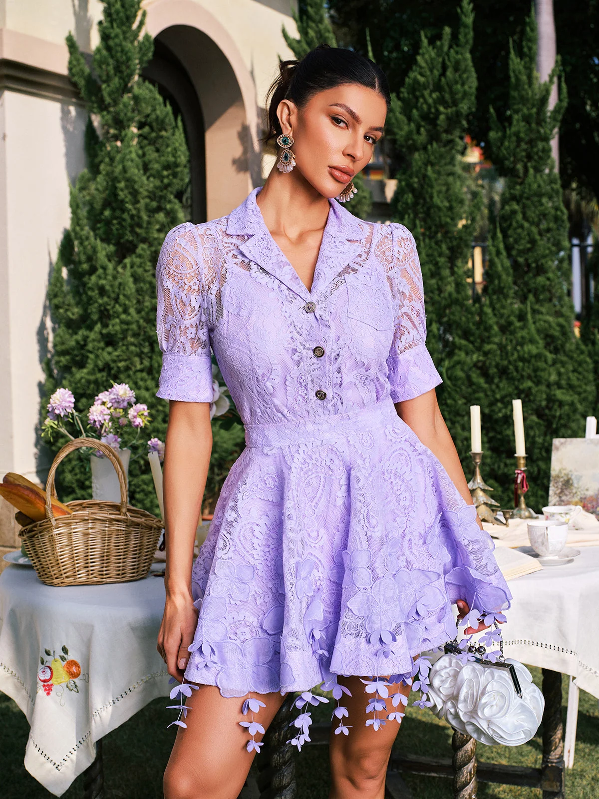 Lilac Floral Fringe Skirt Dress Set for Feminine Charm