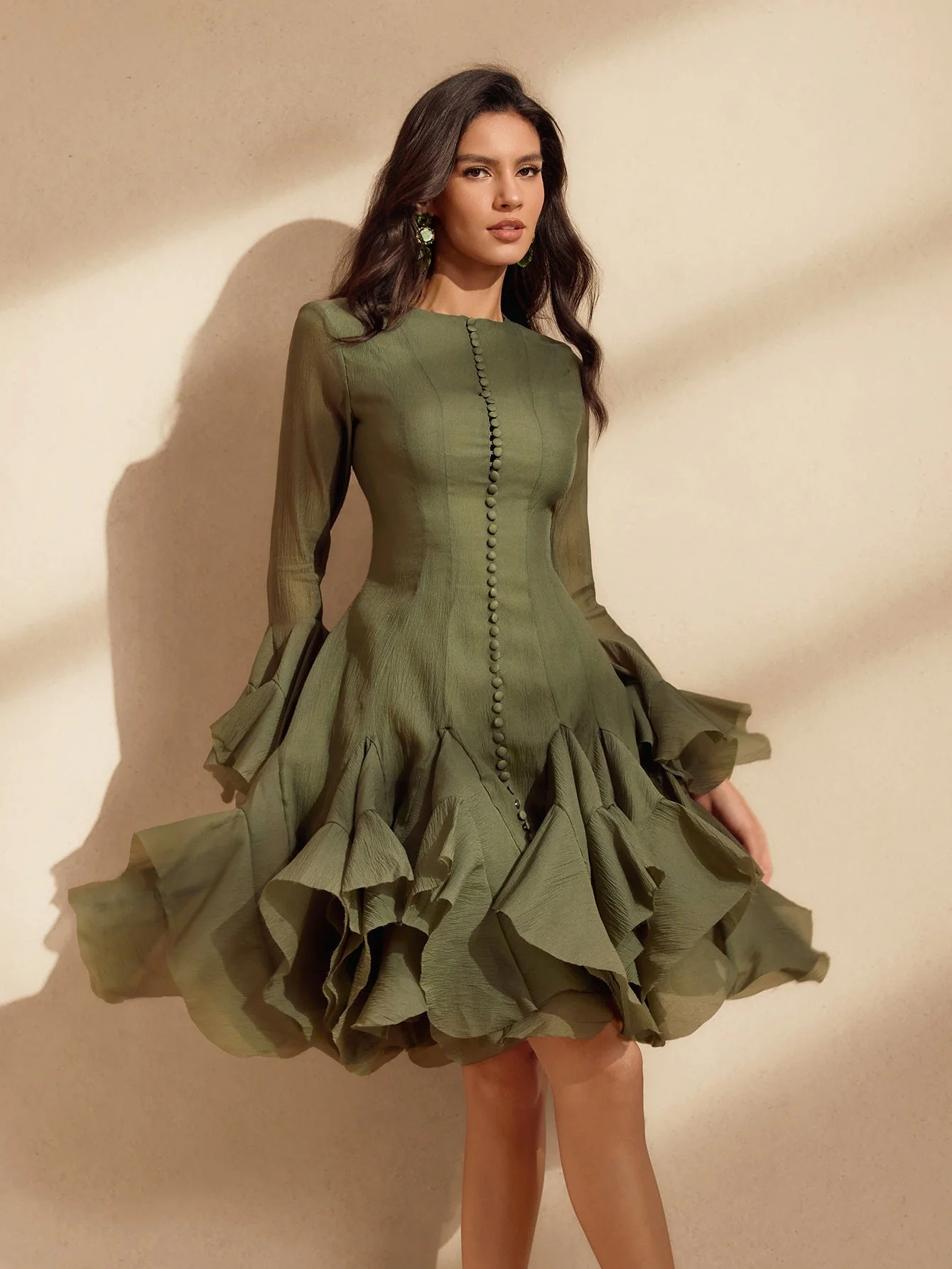 Green Flare Sleeve Button Mini Dress - Elegant Chic Style