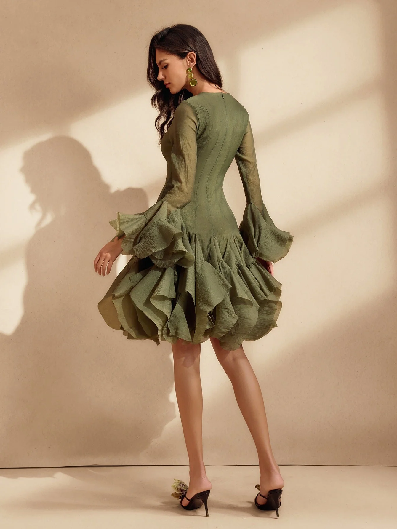 Green Flare Sleeve Button Mini Dress - Elegant Chic Style