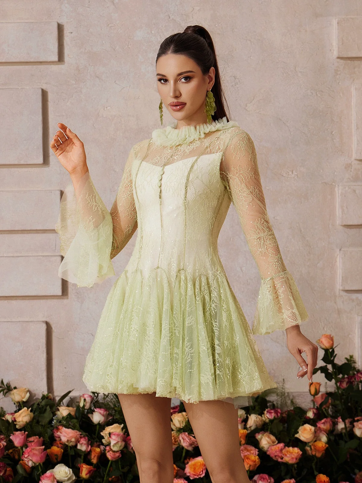 Sparkling Lace Sequin Mini Dress with Bell Sleeves