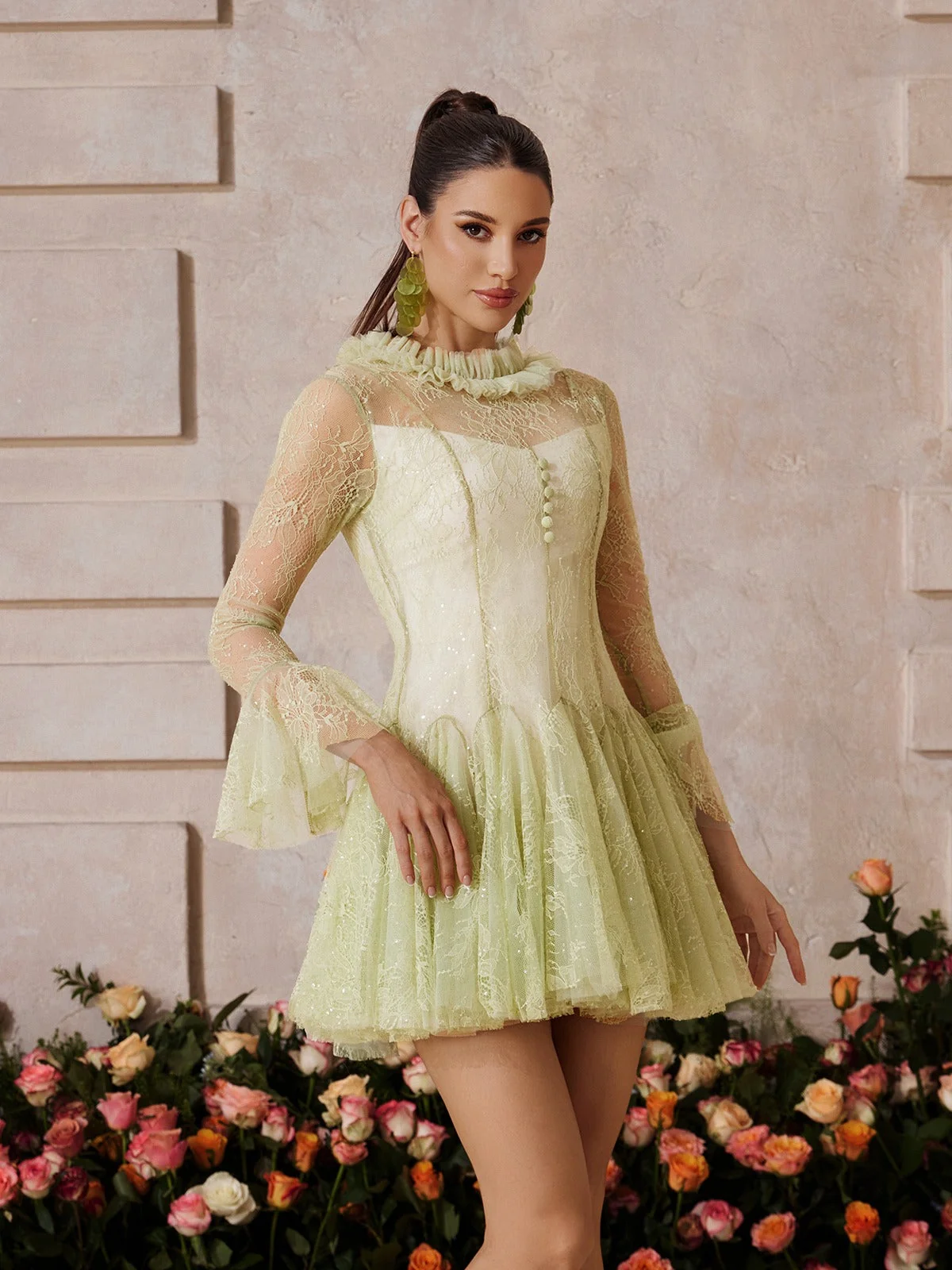 Sparkling Lace Sequin Mini Dress with Bell Sleeves