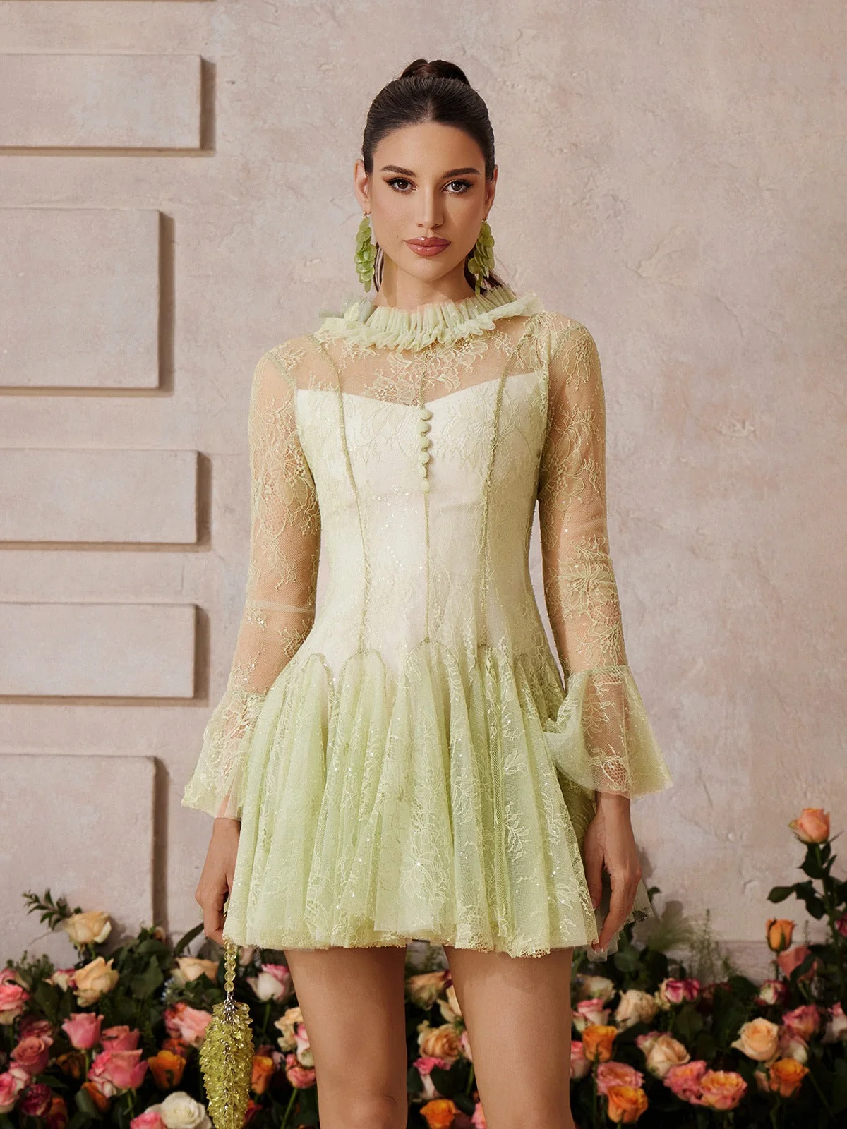 Sparkling Lace Sequin Mini Dress with Bell Sleeves