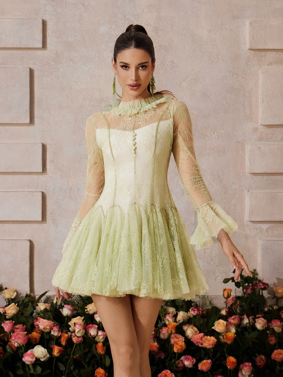 Sparkling Lace Sequin Mini Dress with Bell Sleeves