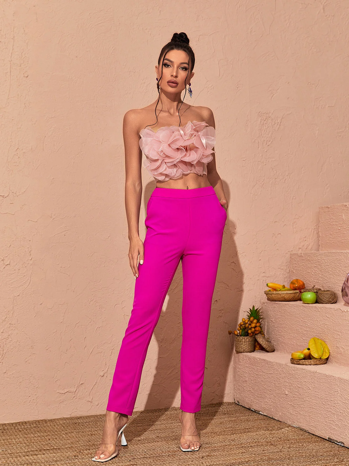 Petal Design Mesh Strapless Top in Pink - Summer Clearance