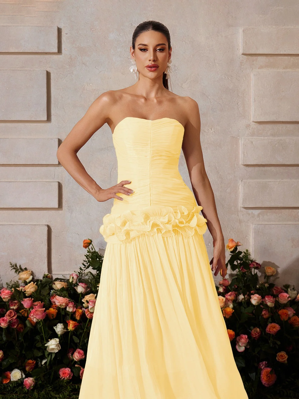 Yellow Strapless Ruffle Maxi Dress - Elegant Womens Evening Gown