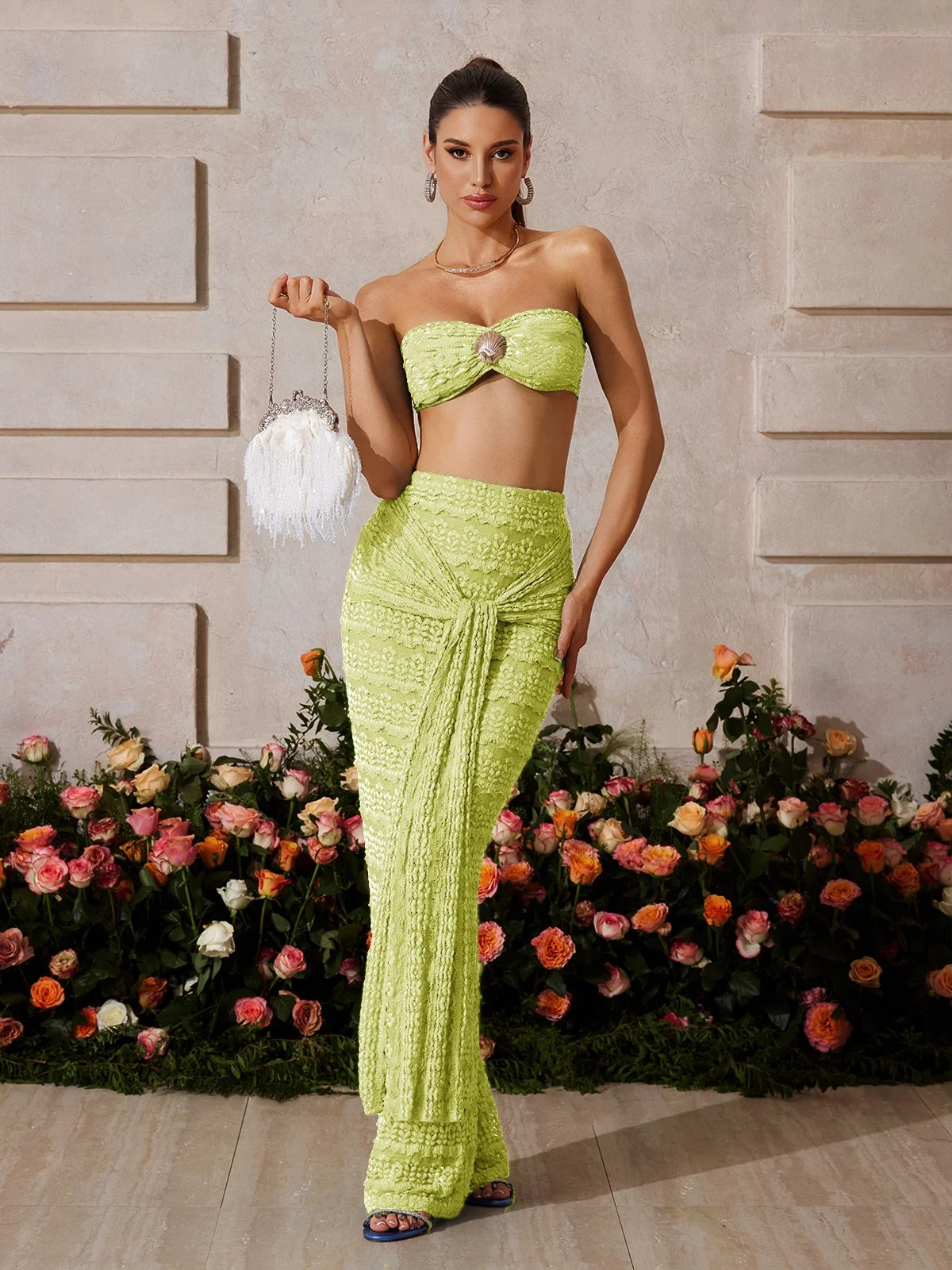 Green Seashell Strapless Skirt Set for Women