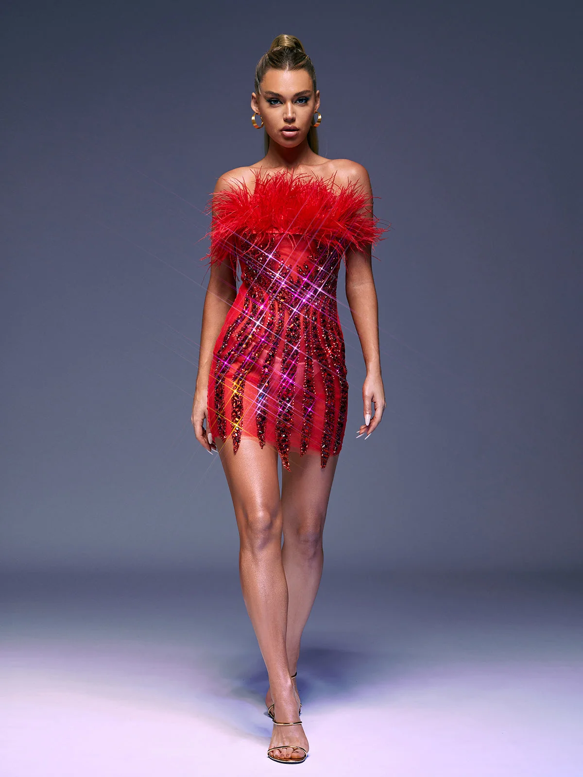 Red Mesh Feather Strapless Bandage Dress - Glamorous and Luxurious