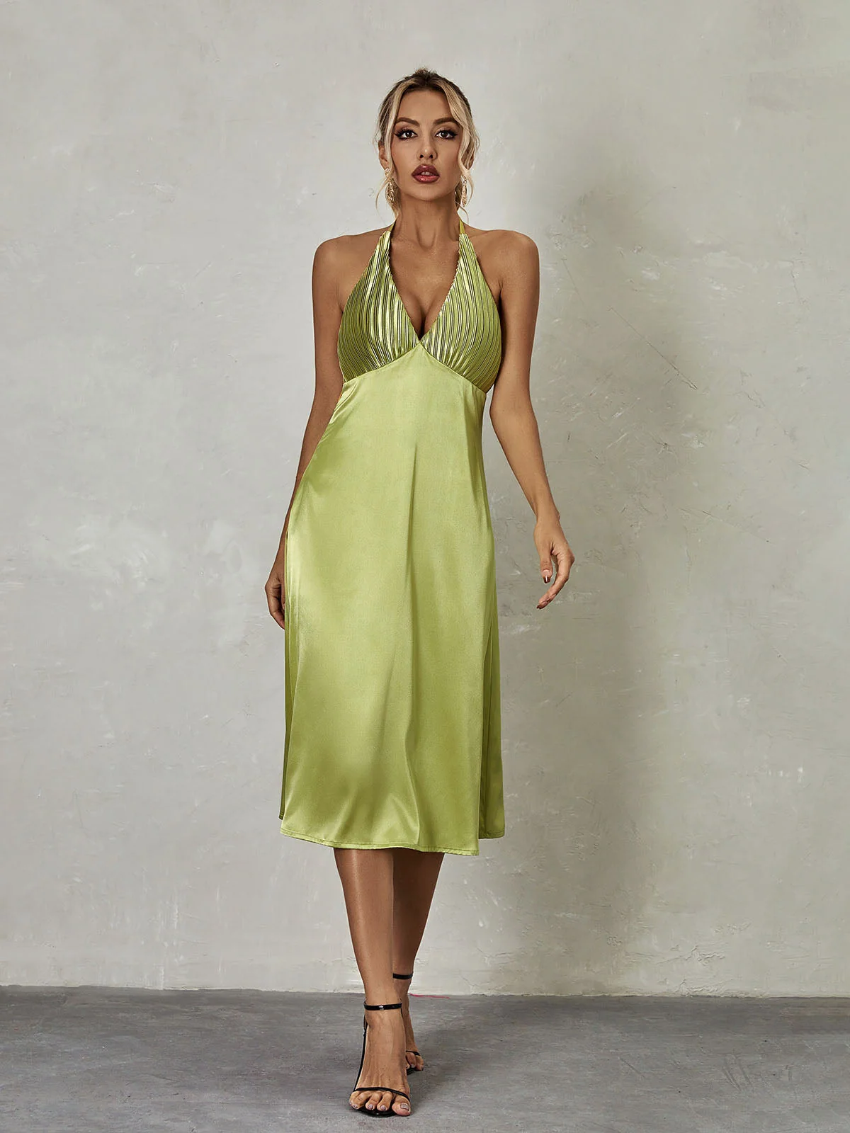 Elegant Satin Halter Neck Midi Dress