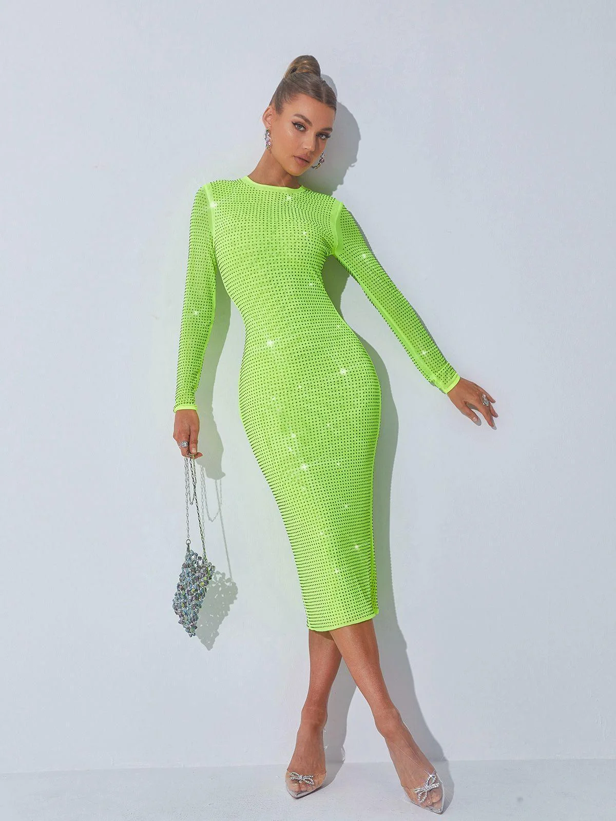 Green Crystal Embellished Midi Dress - Elegant Rhinestone Detail
