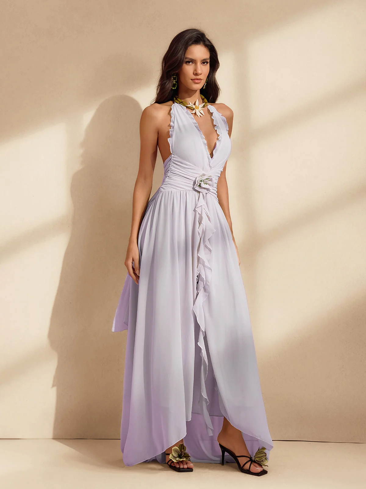 Lilac Halterneck Ruffle Maxi Dress - Elegant Womens Apparel