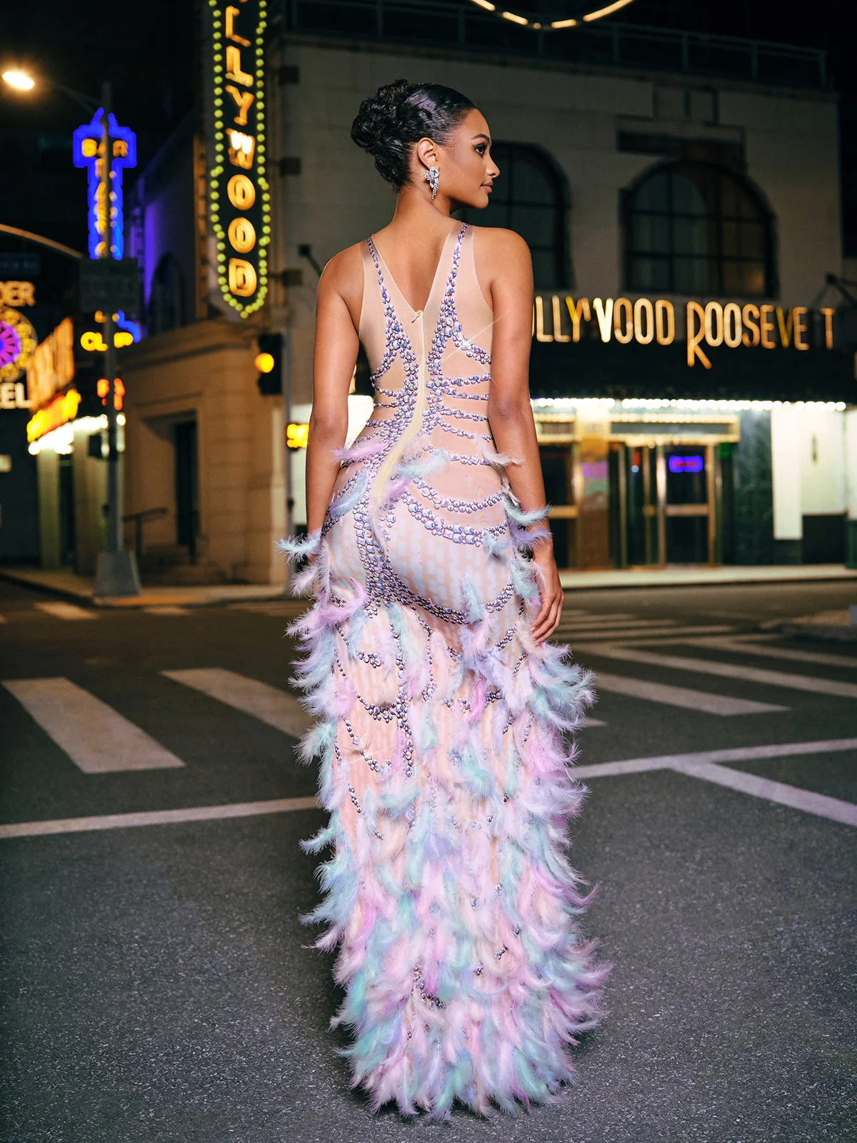 Pearl Embellished Asymmetric Dress in Ivory Luxe Fabric