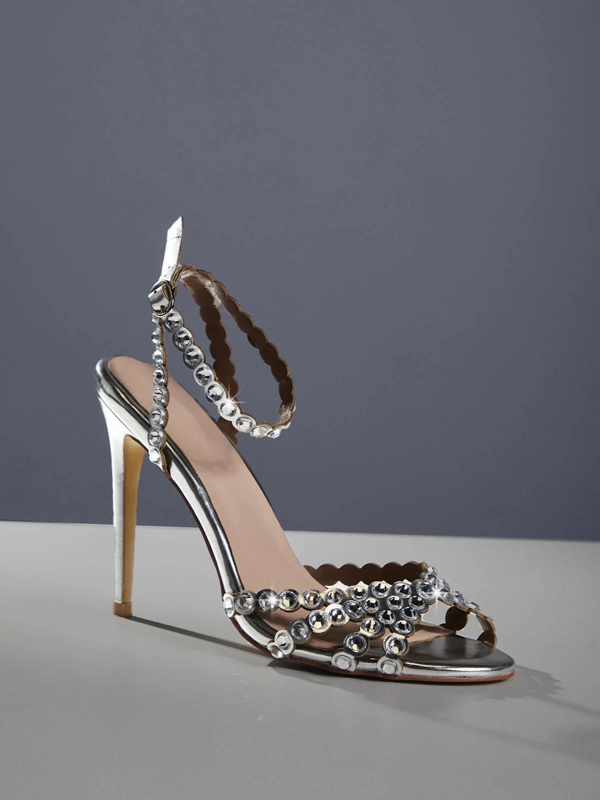 Silver Rhinestone Stiletto Heel Sandals - Glamorous Footwear