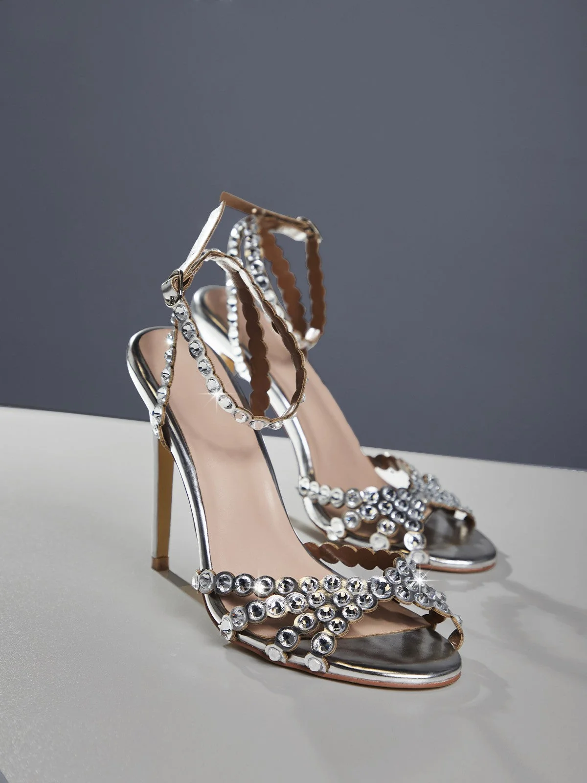 Silver Rhinestone Stiletto Heel Sandals - Glamorous Footwear