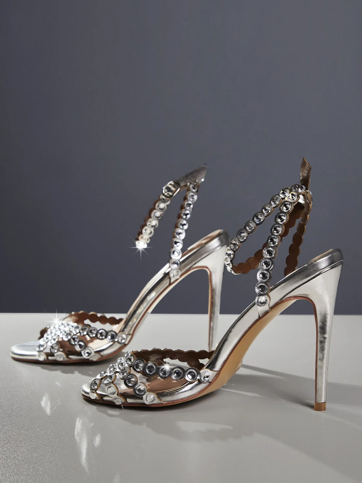 Silver Rhinestone Stiletto Heel Sandals - Glamorous Footwear