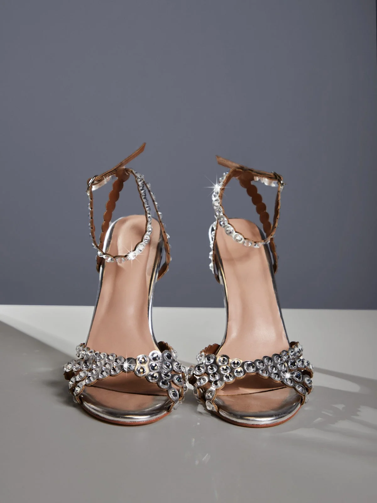 Silver Rhinestone Stiletto Heel Sandals - Glamorous Footwear
