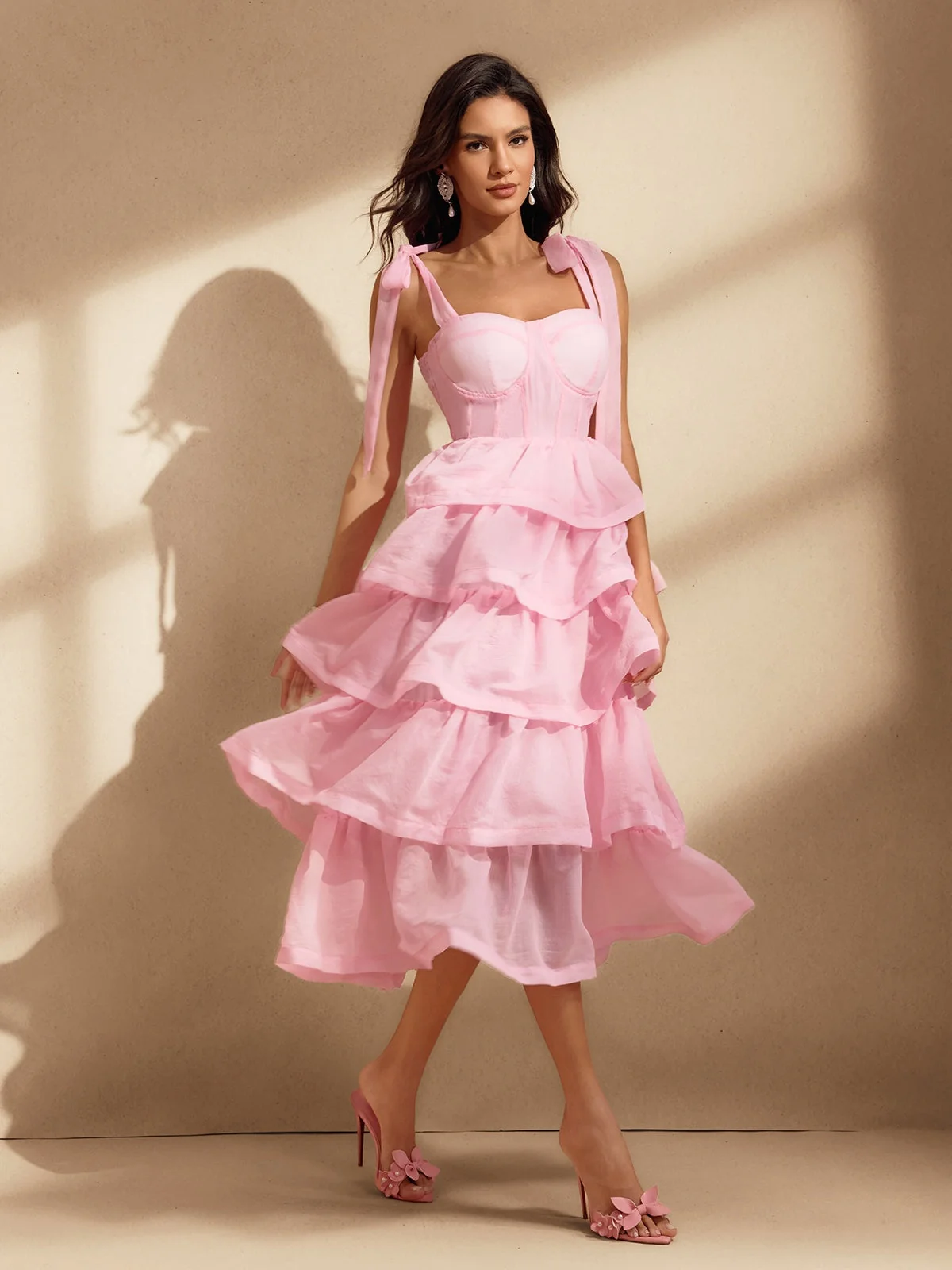 Pink Tiered Ruffle Midi Dress with Bow Detail