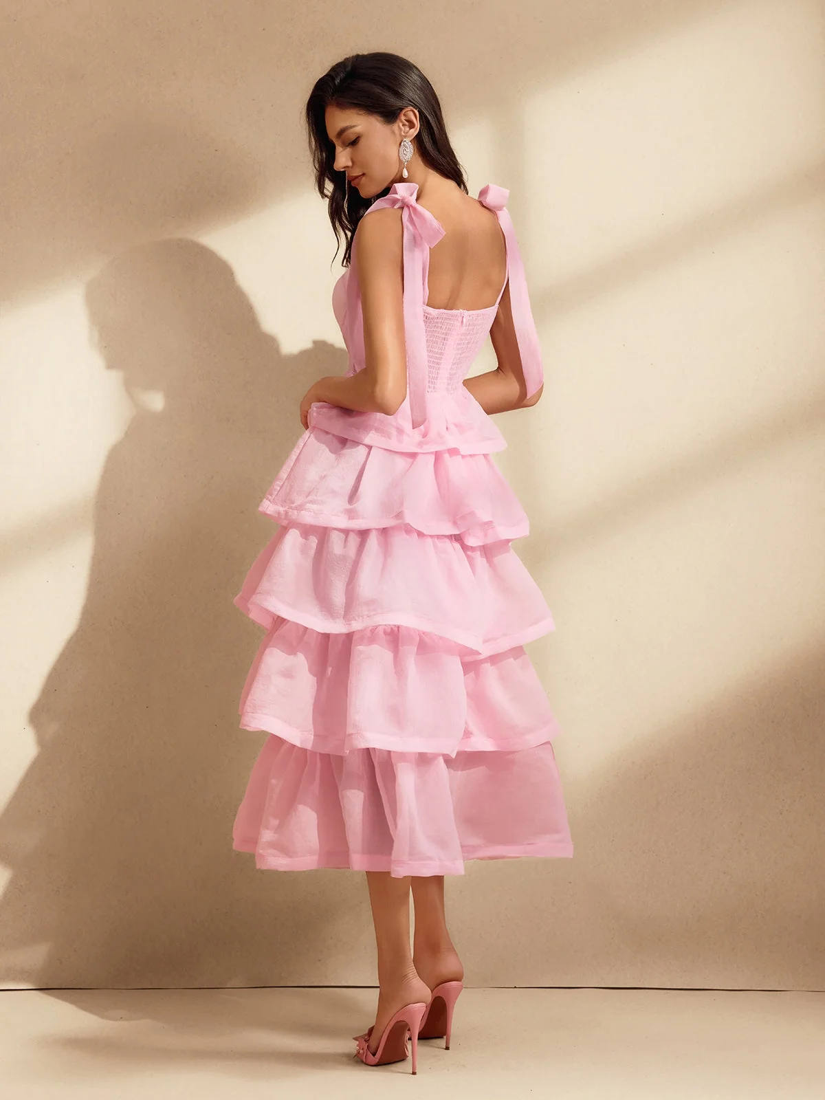 Pink Tiered Ruffle Midi Dress with Bow Detail