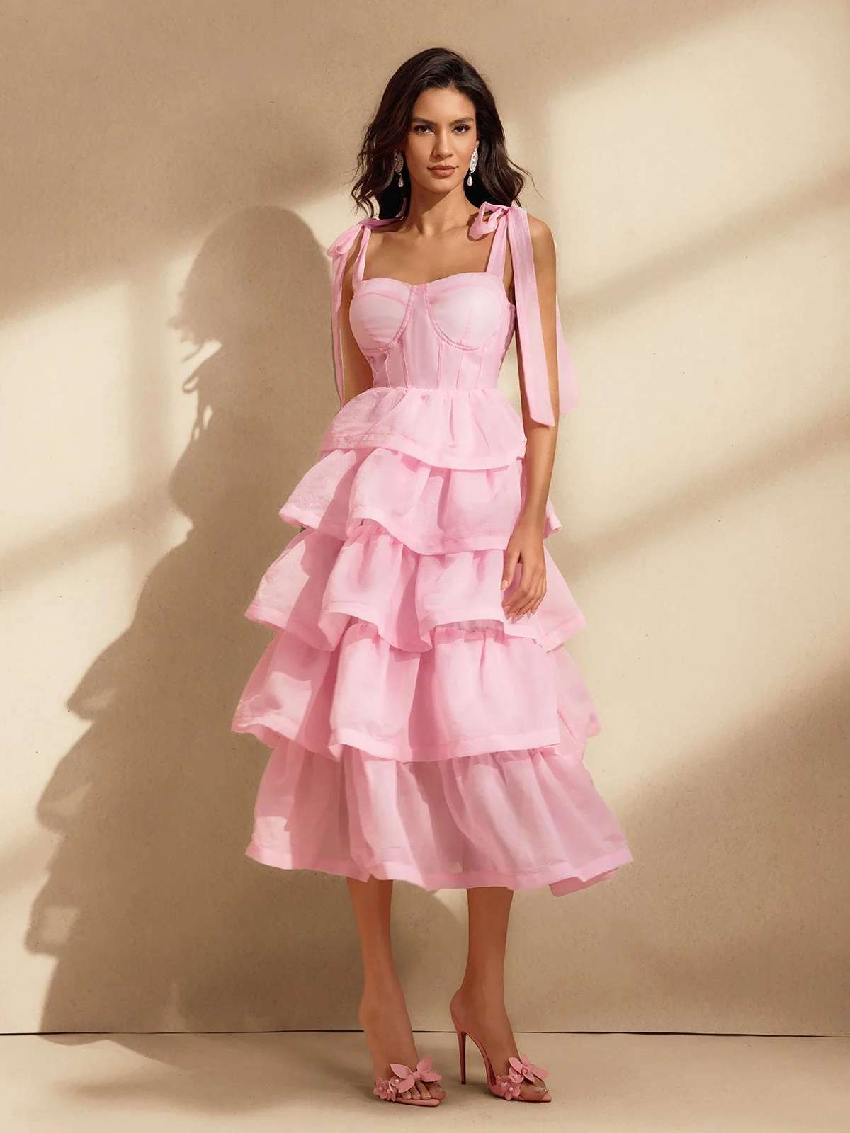 Pink Tiered Ruffle Midi Dress with Bow Detail