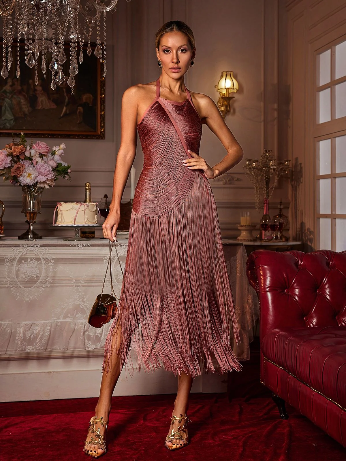 Brown Fringe Halterneck Midi Dress with Bandage Material