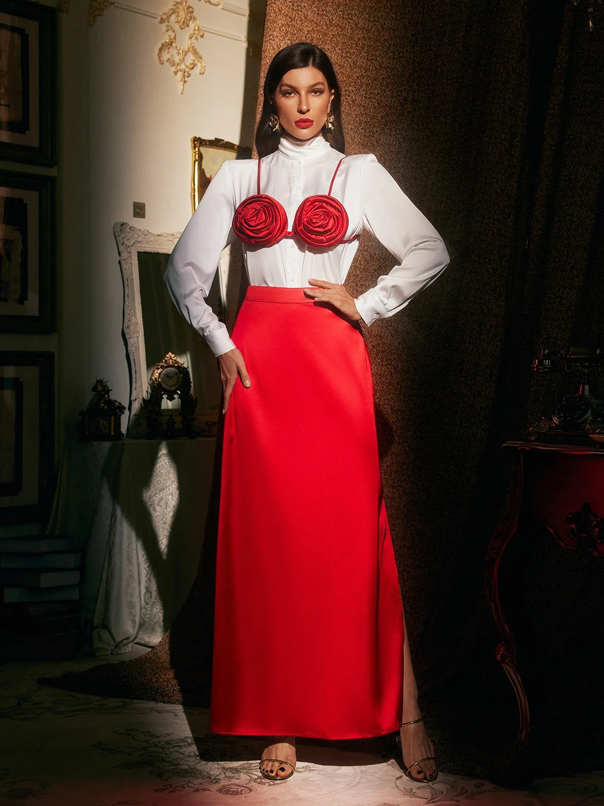 Elegant Floral Satin Skirt Set