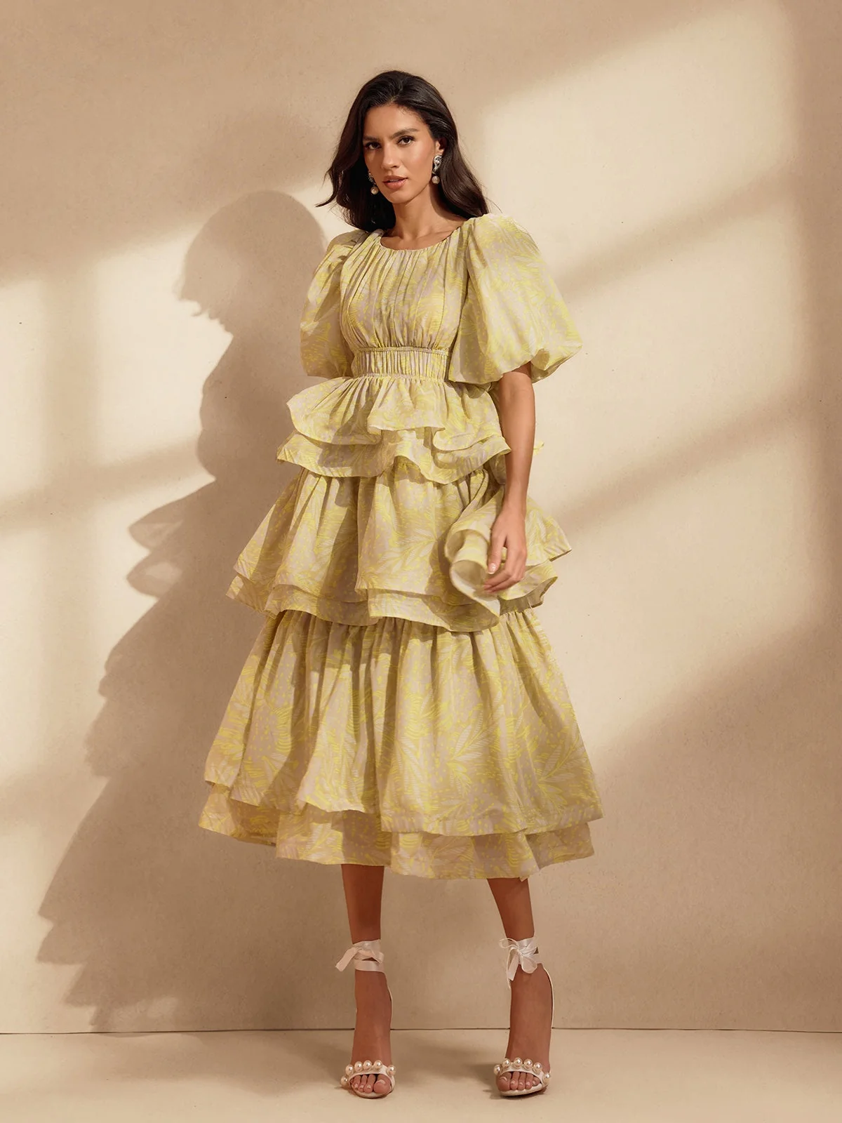 Yellow Floral Tiered Midi Dress - Elegant & Feminine Style