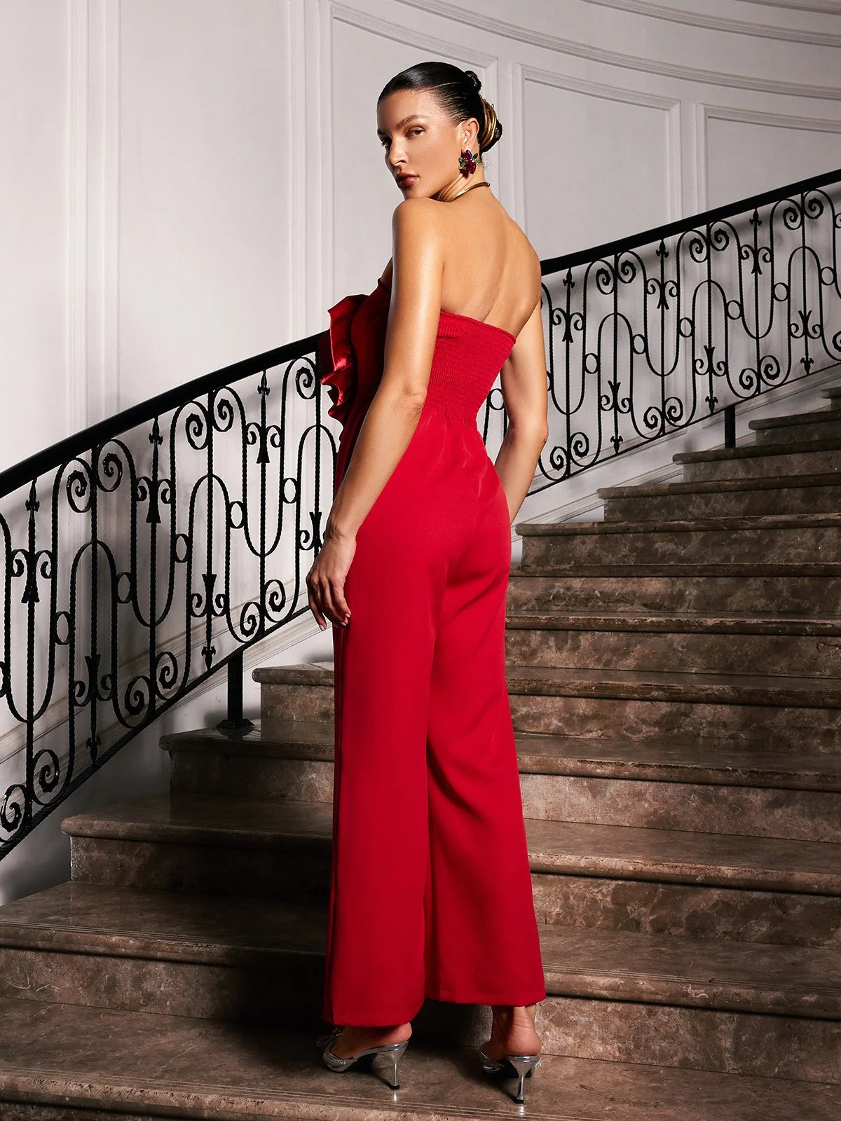 Red Floral Strapless Jumpsuit - Elegant Style for Women