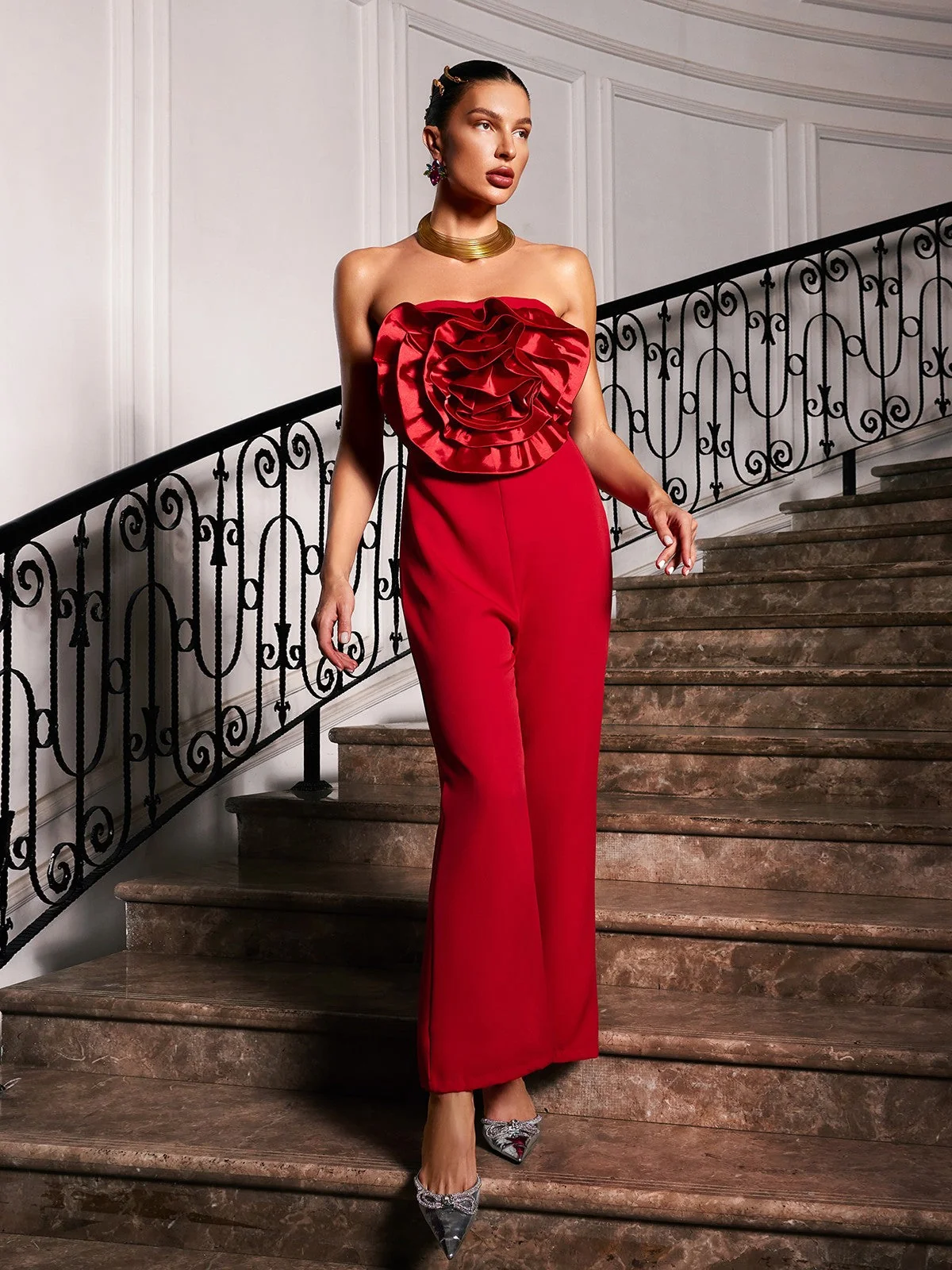 Red Floral Strapless Jumpsuit - Elegant Style for Women