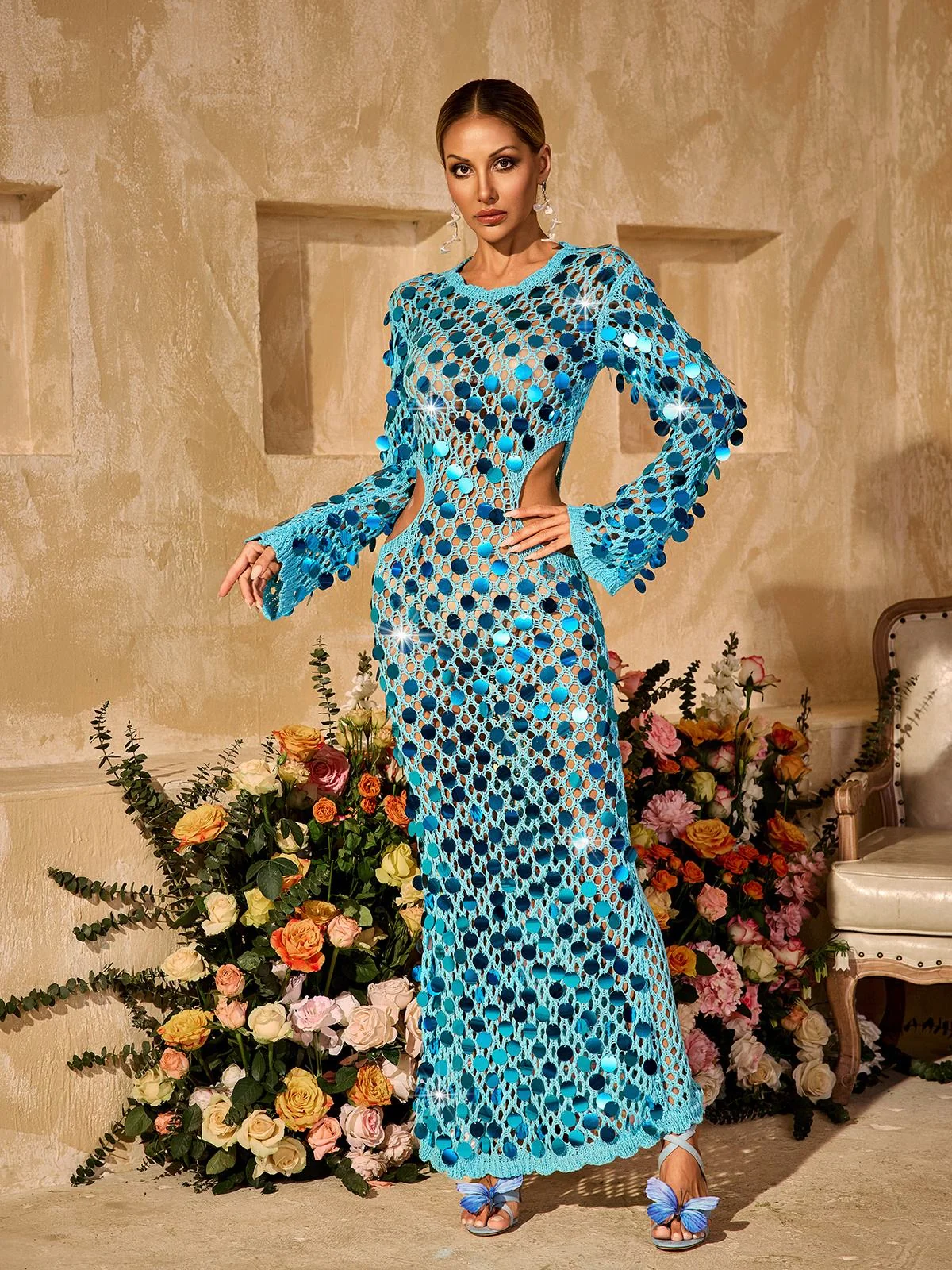 Blue Sequin Cutout Maxi Dress - Elegant Evening Gown
