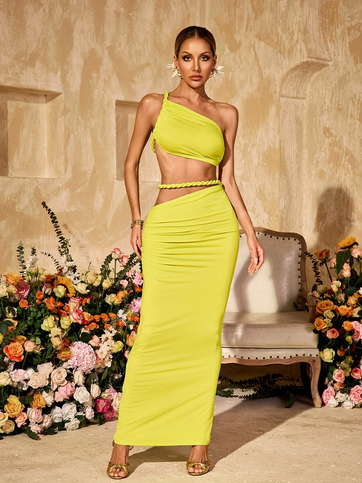 Lime Cutout Ruched Skirt Set - Sexy Backless Style