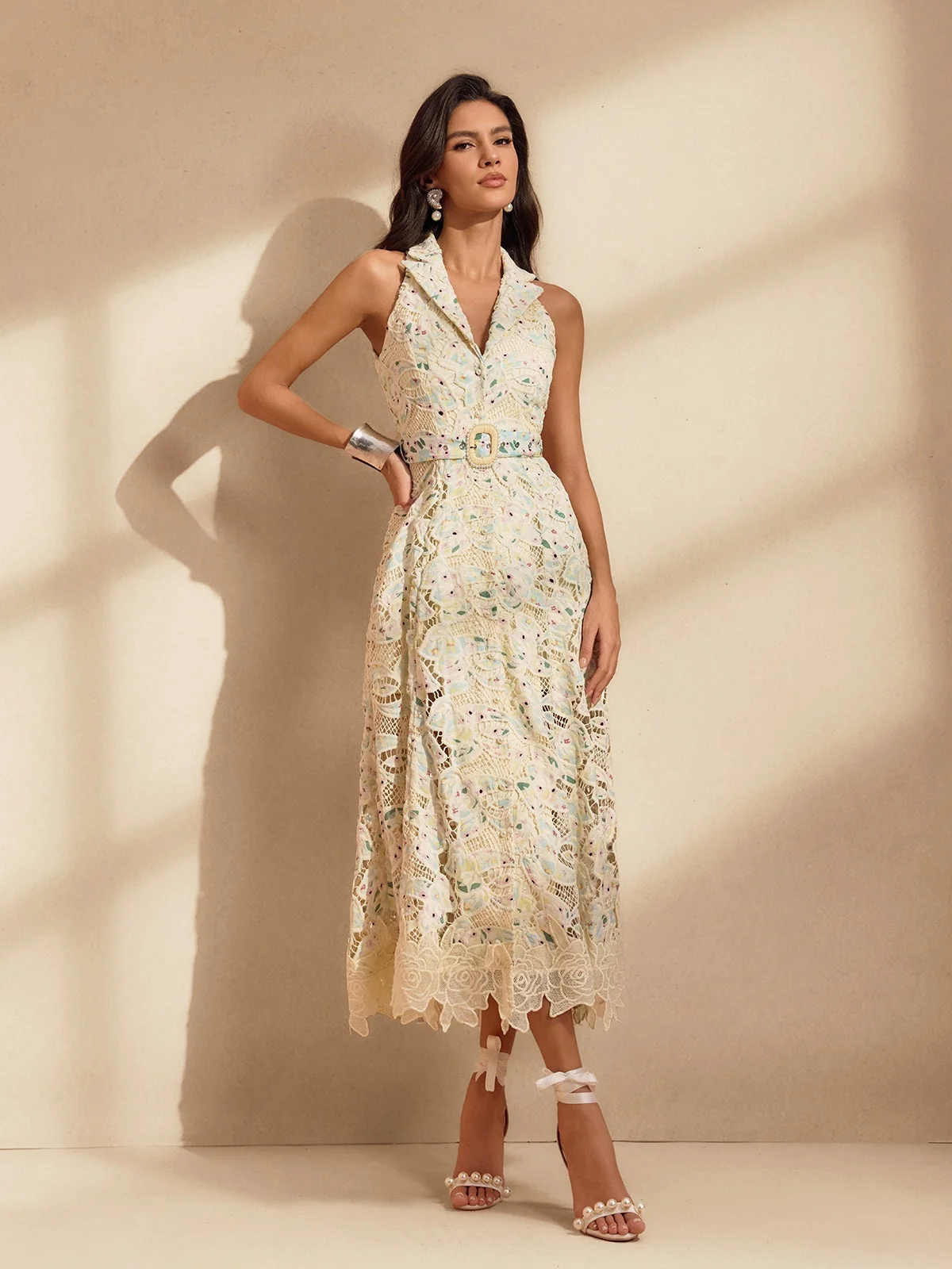 Embroidered Square Neck Midi Dress - Vintage Style
